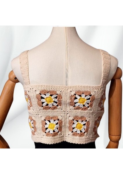 9514 El Örgüsü Yazlık Beyaz Kadın Büstiyer / Crop Bluz - 36/38/40 - Bej modelleri