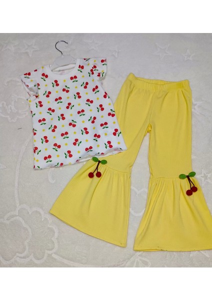 1-2-3-4 Yaş Kiraz Baskılı Tişört Ispanyol Paçalı Likralı 2li Kız Çocuk Takımı Sarı