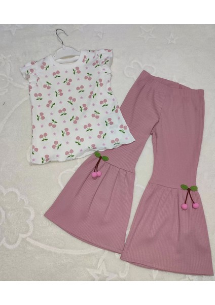 1-2-3-4 Yaş Kiraz Baskılı Tişört Ispanyol Paçalı Likralı 2li Kız Çocuk Takımı Gül Kurusu