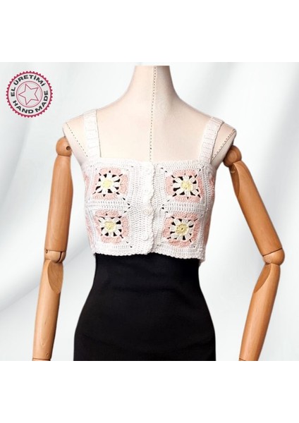7367 El Örgüsü Yazlık Beyaz Kadın Büstiyer / Crop Bluz - 36/38/40 - Yavruağzı