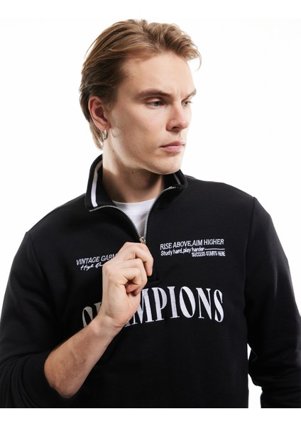 Yeni Sezon Yarım Fermuarlı Işlemeli Uzun Kollu Sweatshirt