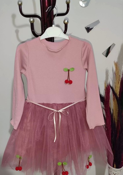 5-6-7 Yaş Kiraz Desenli Kurdela Kuşaklı Astarlı Uzun Kollu Kız Çocuk Tütü Elbise Gül Kurusu fiyatları