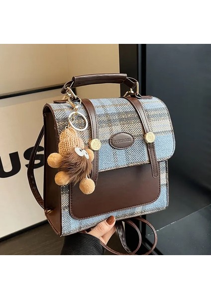 Ingiliz Bayanlar Rahat Omuz Çantası Yeni El Çantası Yüz Kızlar Sırt Çantası Moda Ekose Omuz Kadın Çantası Pu Malzeme: Mavi (Yurt Dışından)