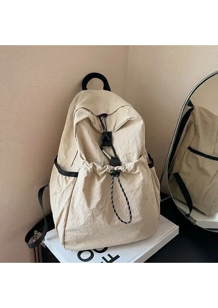 2025 Yeni Sırt Çantası Kumaş Çantası Ortaokul Öğrenci Öğrenci Schoolbag Kadın Günlük Moda Pleat Yüksek Dereceli Sırt Çantası Kadın Mochilas Renk: Bej (Yurt Dışından)