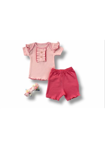 3-6 6-9 9-12 12-18 Ay Düğme Detaylı Bandanalı Kısa Kollu Sweat 3lü Kız Bebek Takımı Pudra