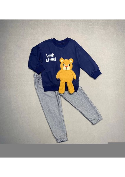 2-3-4 Yaş Ayıcık Sallanan Ayak Desenli Likra Penye Kumaş Sweat Pantolonlu Kız Erkek 2li Çocuk Takımı Lacivert