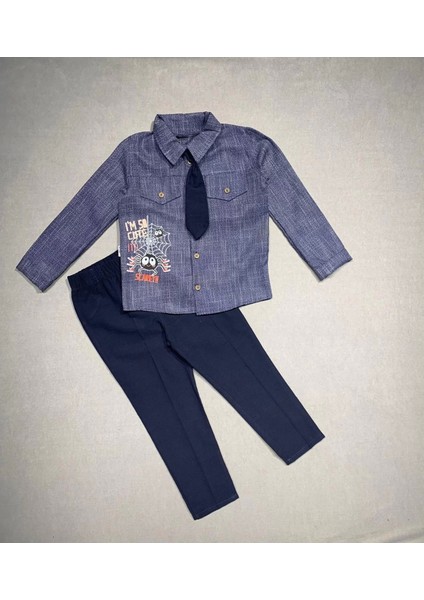 3-4-5 Yaş Kravatlı Keten Gömlek Gabardin Pantolon Uzun Kollu 3lü Erkek Çocuk Takımı Lacivert