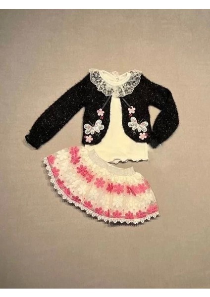 1-2-3 Yaş Brode Etekli Örme Hırkalı Uzun Kollu Sweat 3lü Kız Çocuk Takımı Siyah