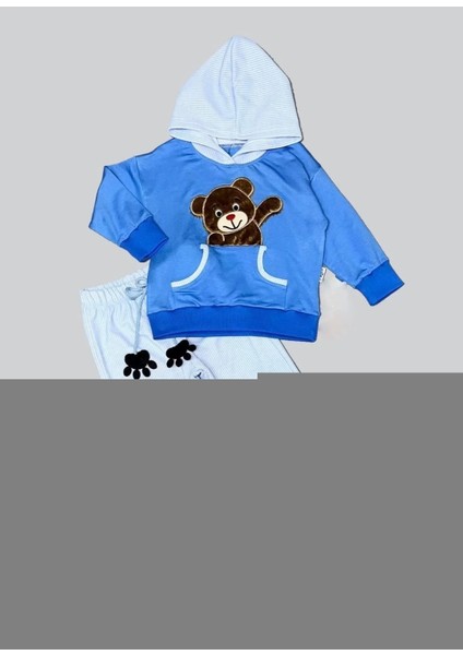 2-3-4 Yaş Pelüş Ayı Desenli Kapşonlu Uzun Kollu Penye Sweat 2li Erkek Çocuk Takımı Indigo