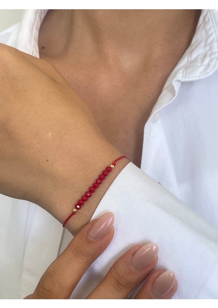 14 Ayar Altın Kırmızı Kristal Taşlı Çift Dorikalı Zarif Altın Bileklik