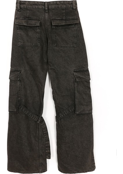 Kargo Cep Bol Wide Leg Paça Eskitme Retro Yüksek Bel Denim Jean Kadın Pantolon 001-0001951 fiyatları