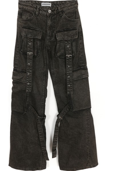 Kargo Cep Bol Wide Leg Paça Eskitme Retro Yüksek Bel Denim Jean Kadın Pantolon 001-0001951