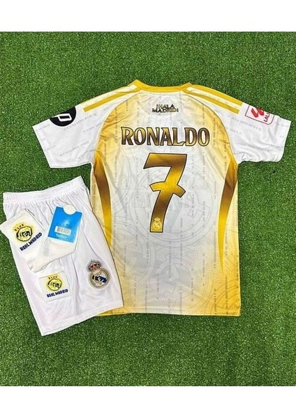 R.madridd 2024-25 Yeni Sezon Ronaldo Çocuk Forması 4'lü (Armalı White-Gold) modelleri