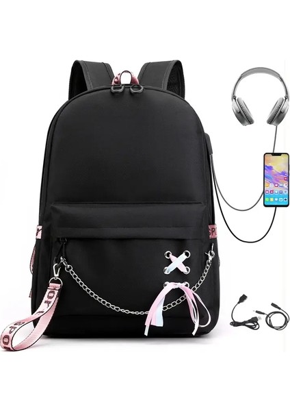 Üniversite Öğrencileri Için Okul Sırt Çantası Moda Trend Seyahat Sırt Çantası USB Şarj Dizüstü Bilgisayar Çantası Siyah Okul Çantaları Teenagercolor Için: 817-BK (Yurt Dışından)