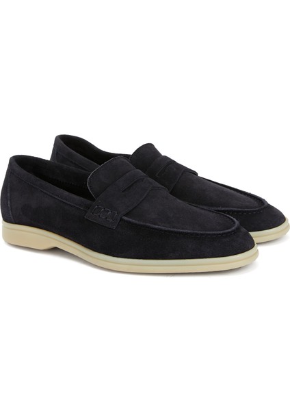 Koyu Mavi Bantlı Erkek Süet Loafer