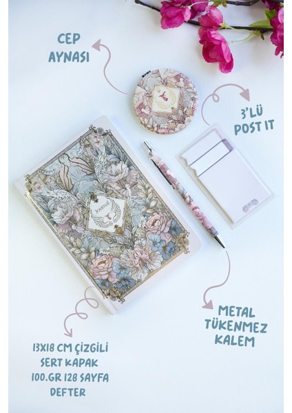 Kutulu Set, Sert Kapaklı Defter , Metal Gövdeli Tükenmez Kalem, Ayna ve 3 Lü Post It.