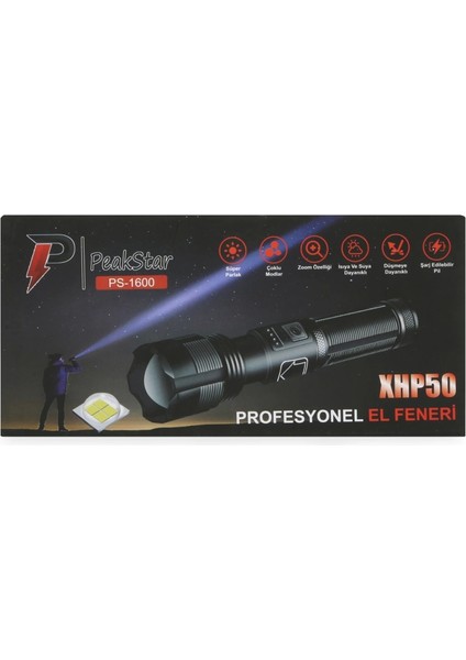 Peakstar PS-1600 Süper Parlak LED Zoomlu 5 Mod Su Geçirmez Profesyonel Kamp Bekçi Avcı Feneri