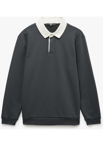 Yeni Sezon Uzun Kollu Pamuk Karışımlı Renk Kontrastlı Basic Polo Yaka Sweatshirt modelleri