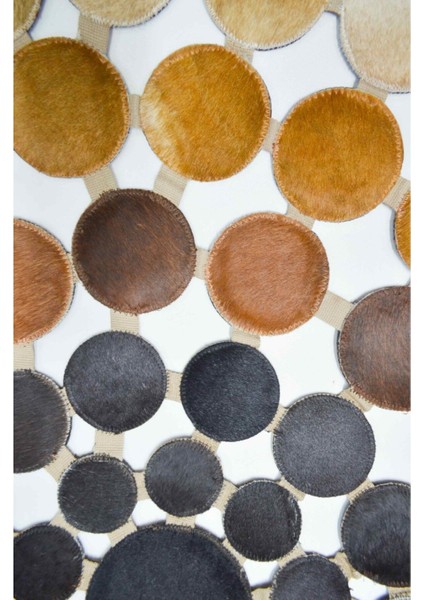 Krem ve Kahverengi Ombre Geçişli Yuvarlak Deri Patchwork Halı 150X150 cm (2,25 M²)