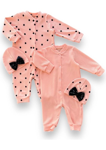 0-3 3-6 6-9 Ay Payetli Şapka Çıtçıt Kapamalı Puantiyeli ve Düz 2 Li Kombin Kız Bebek Tulumları Somon