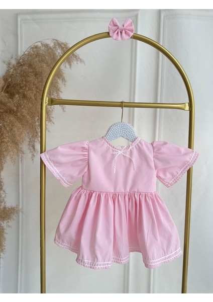 Pembe Poplin Kumaş Su Taşı Detaylı Mevlüt Doğum Günü Elbise