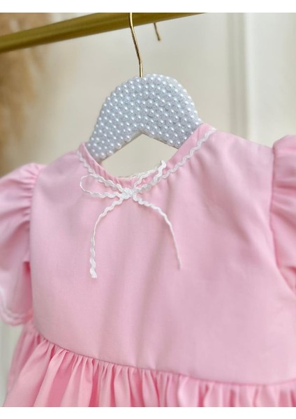 Pembe Poplin Kumaş Su Taşı Detaylı Mevlüt Doğum Günü Elbise