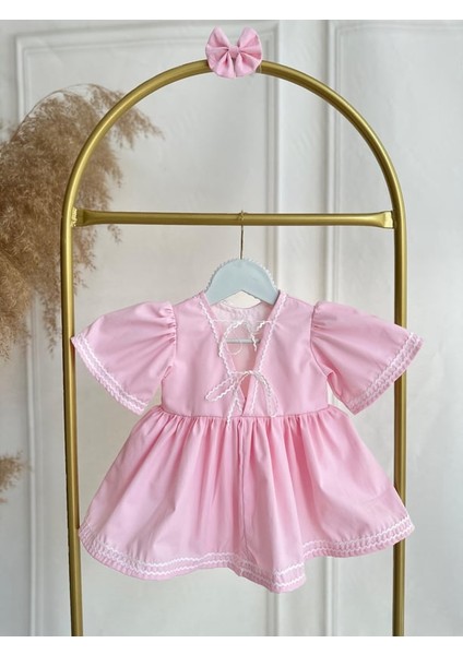 Pembe Poplin Kumaş Su Taşı Detaylı Mevlüt Doğum Günü Elbise