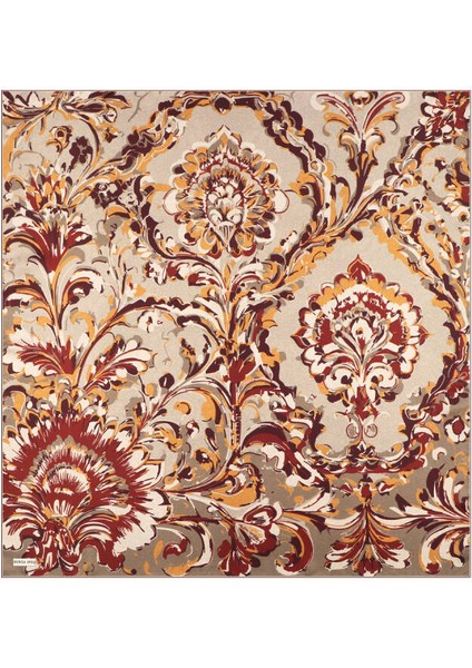 Bej Flower Desen Twill Ipek Eşarp