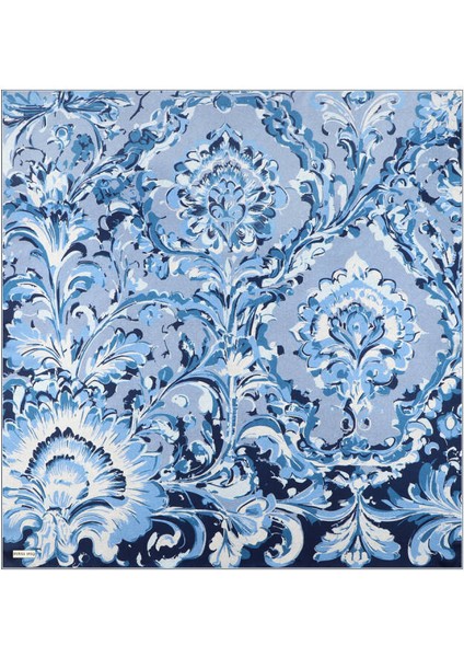 Lacivert Flower Desen Twill Ipek Eşarp