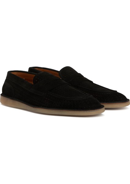 Florio Ideal Siyah Perforeli Erkek Deri Loafer