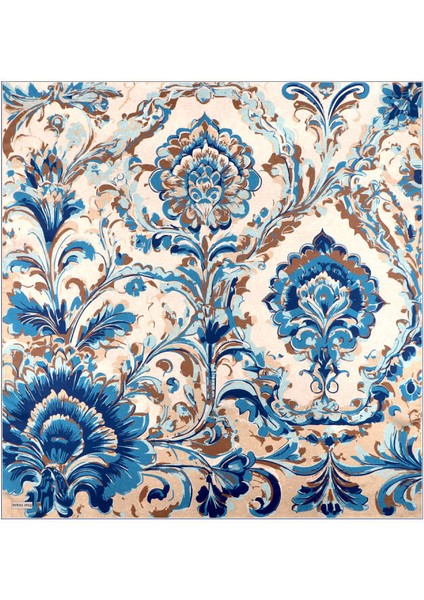 Indigo Flower Desen Twill Ipek Eşarp