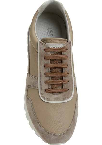 Bej Logo Detaylı Erkek Deri Sneaker