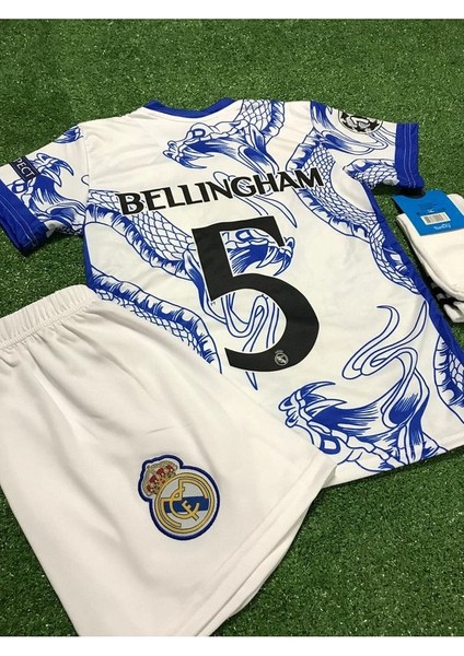 Jude Bellingham Real Madrid Yeni Sezon Yılan Desenli Özel Çocuk Forması 4'lü Set (Beyaz-Mavi)