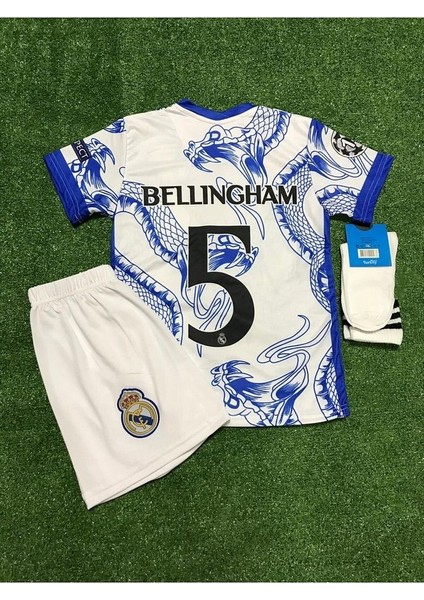 Jude Bellingham Real Madrid Yeni Sezon Yılan Desenli Özel Çocuk Forması 4'lü Set (Beyaz-Mavi) modelleri