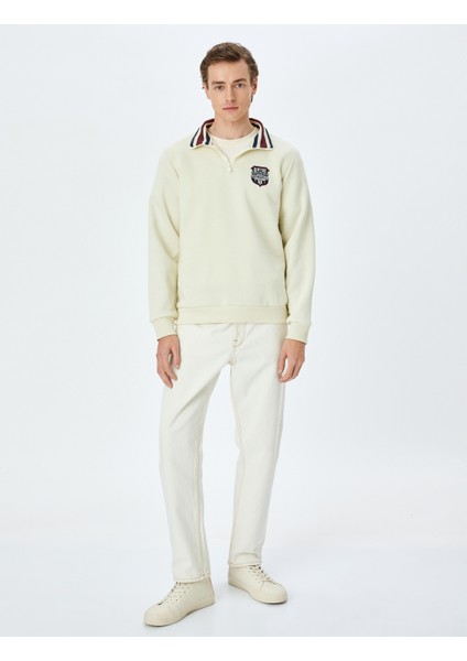 Yeni Sezon Baskılı Pamuk Karışımlı Yaka Detaylı Şardonlu Yarım Fermuarlı Sweatshirt fiyatları