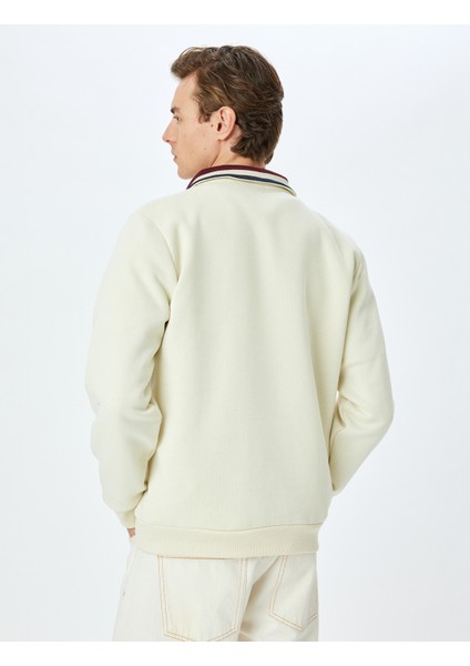 Yeni Sezon Baskılı Pamuk Karışımlı Yaka Detaylı Şardonlu Yarım Fermuarlı Sweatshirt fırsatları