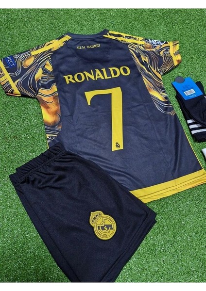 Real Madrid 2023/24 Yeni Sezon Cristiano Ronaldo Özel Çocuk Konsept Forması 4'ü Set (Blackyellow)