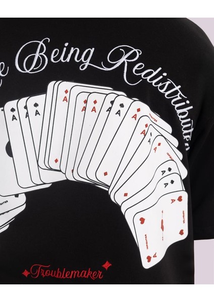 Erkek Kısa Kol Dıstrıbutın Cards Oversize Siyah Tişört