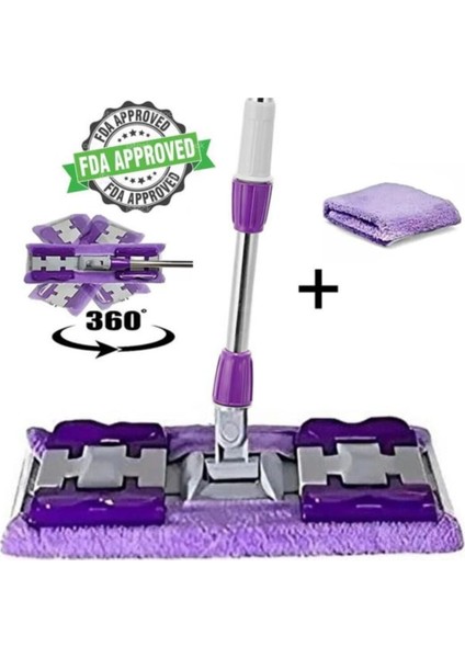 Mor Paspas Mop, Teleskopik, Mikrofiber, Yedek Bezli, 180° Dönebilen Balkon Cam Silme