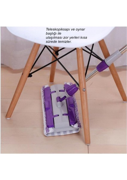 Mor Paspas Mop, Teleskopik, Mikrofiber, Yedek Bezli, 180° Dönebilen Balkon Cam Silme