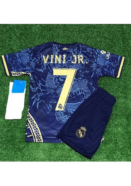 Real Madrid 2023/24 Yeni Sezon Dragon Desenli Vini Jr Özel Çocuk Forması Şort Çorap 3'lü Set