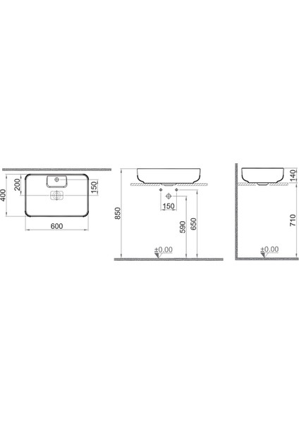 Zero 2.0 60X40 cm Ada Armatür Bantlı Siyah Dikdörtgen Çanak Lavabo