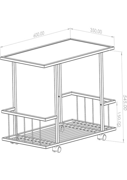 Fuji Yan Sehpa - Tekerlekli Siyah Metal Gövdeli Füme Cam Üst Tablalı Yan Sehpa - Servis Sehpası