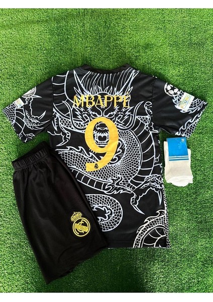 #9 Kylian Mbappe Real Madrid 2024/25 Yeni Sezon Dragon Desenli Konsept Çocuk Forması 4'lü Set Black modelleri