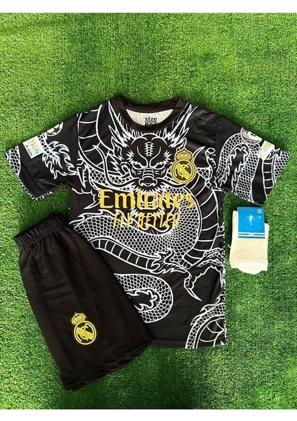 #9 Kylian Mbappe Real Madrid 2024/25 Yeni Sezon Dragon Desenli Konsept Çocuk Forması 4'lü Set Black fırsatları
