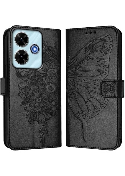 Xiaomi Poco M6 4g Kabartma Kelebek Premium Deri Manyetik Için Kılıf (Yurt Dışından)