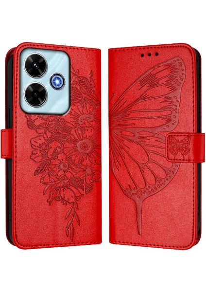 Xiaomi Poco M6 4g Kabartma Kelebek Premium Deri Manyetik Için Kılıf (Yurt Dışından)