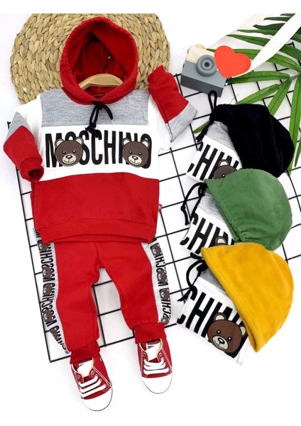 9-12-18-24 Ay Kapşonlu Ip Bağlama Baskılı 2li Bebek Takımı Kırmızı