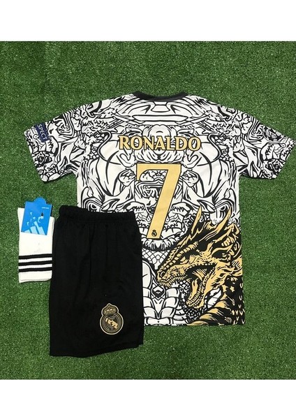 #cr7 Cristiano Ronaldo Real Madrid Yeni Sezon Dragon Desenli Çocuk Forması 4'lü Set (Black-White)