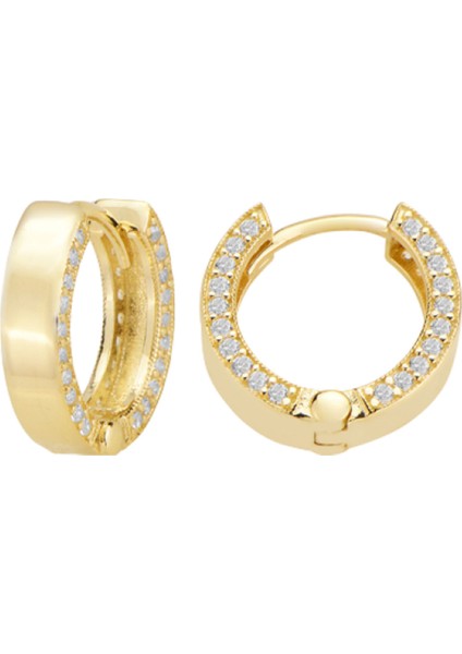 Altın 14 Ayar Huggie Küpe Yan Duvarı Taşlı Yeşil Maden Altın Sarı Renk T139